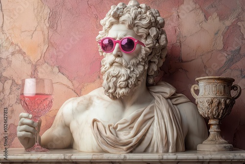 Obraz na płótnie whimsical greek god portrait dionysus with modern twist neon pink sunglasses iridescent wine goblet marble texture pop art influence w salonie