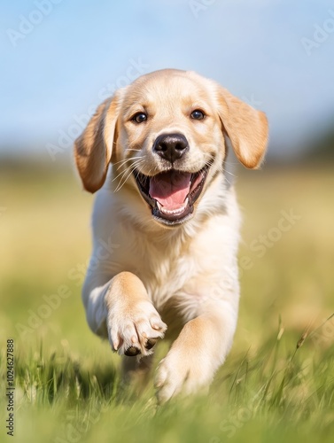 A joyful puppy running through a sunny field, showcasing playful energy and a bright personality in the early afternoon