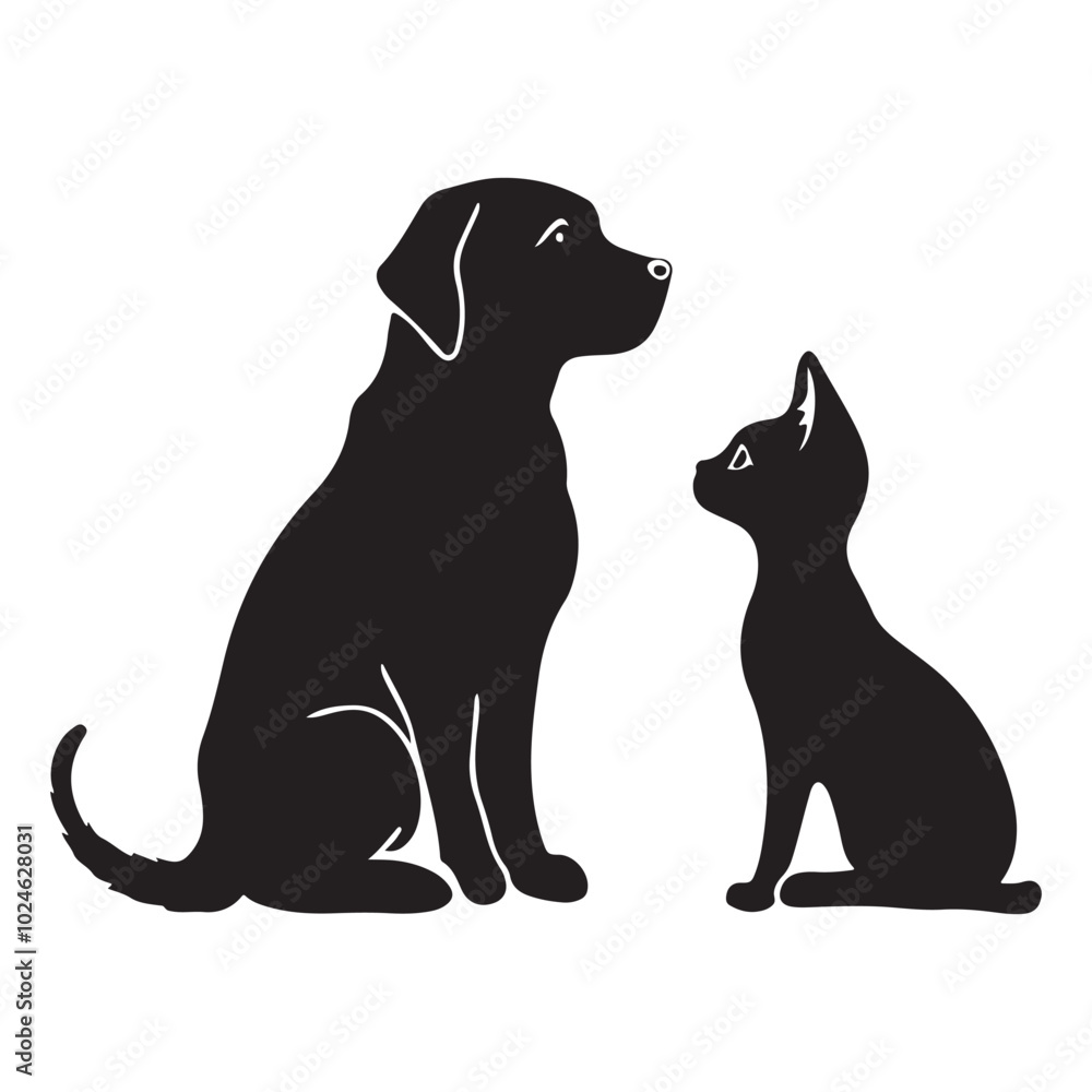 Dog and Cat silhouette. Friendship between pets, love for pets and caring for them Dog and Cat silhouette. Friendship between pets, love for pets and caring for them