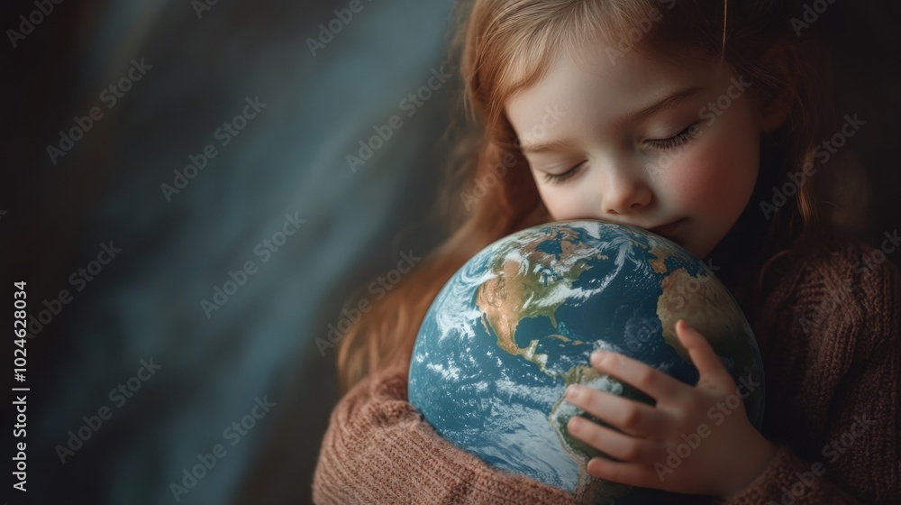 A child embraces a globe, symbolizing love for the Earth and environmental awareness. A child embraces a globe, symbolizing love for the Earth and environmental awareness.