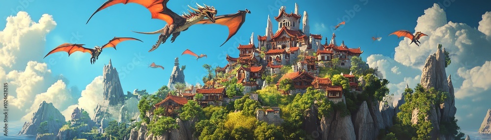 Obraz premium Vibrant dragons soaring over a quaint village, minimalistic style highlights everyday life, magical aura surrounds