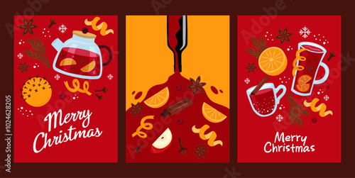 Stock vector christmas card set. Mulled wine, orange, spices, bottle of wine on red background.