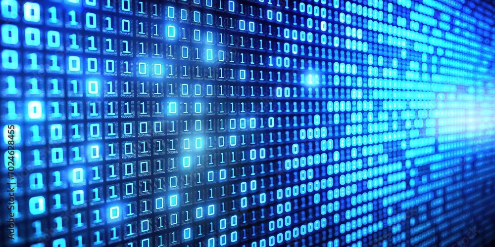 A glowing blue digital matrix with binary code in a grid pattern, creating an abstract and futuristic design. A glowing blue digital matrix with binary code in a grid pattern, creating an abstract and futuristic design.