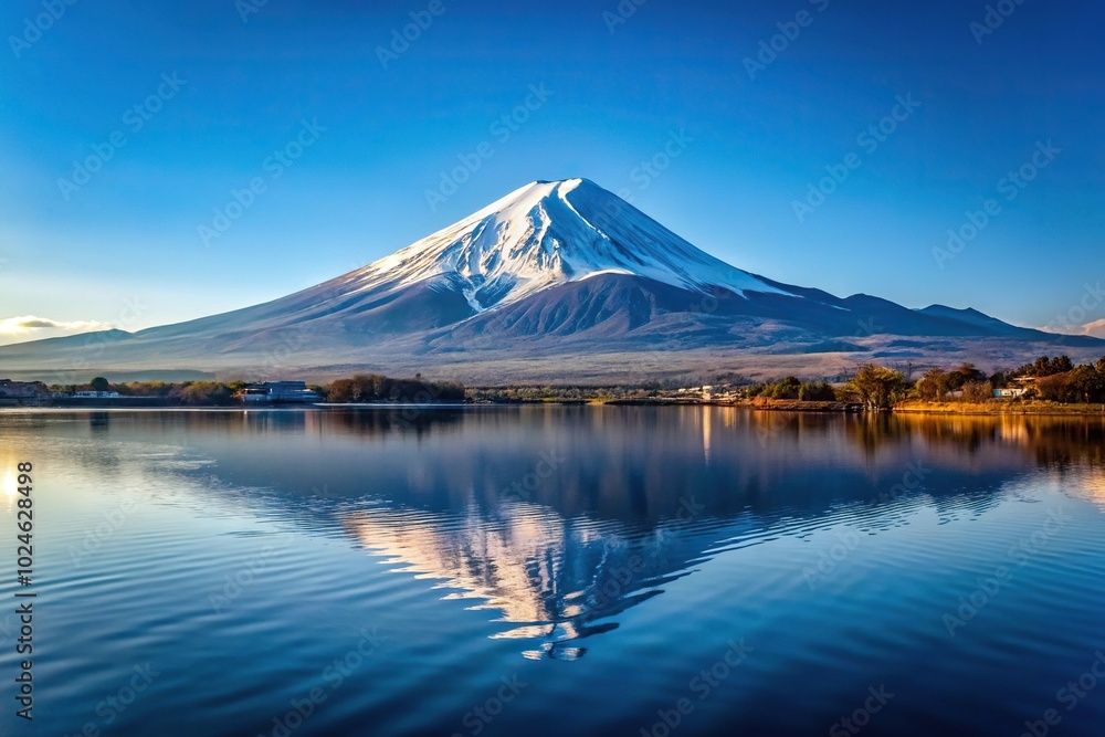 Snow capped Mt Fuji reflected in tranquil lake from low angle view Snow capped Mt Fuji reflected in tranquil lake from low angle view