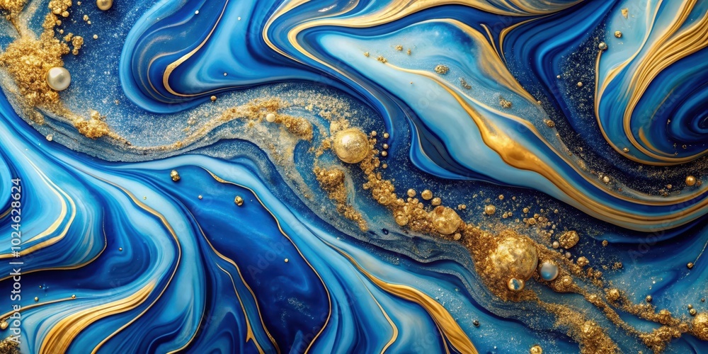Abstract Swirling Blue and Gold Liquid Art with Glittering Shimmer and Pearl-Like Bubbles Abstract Swirling Blue and Gold Liquid Art with Glittering Shimmer and Pearl-Like Bubbles