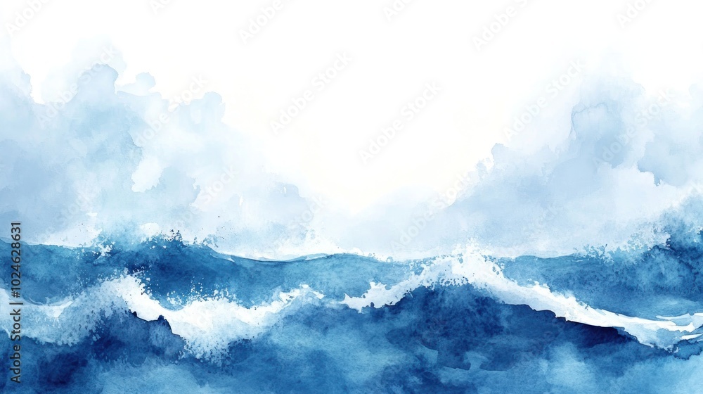 A watercolor depiction of ocean waves with a soft, cloudy sky above. A watercolor depiction of ocean waves with a soft, cloudy sky above.