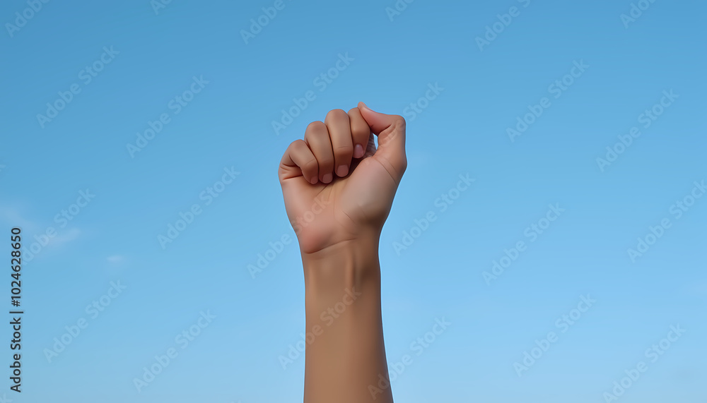 Raised female fist against a clear blue sky symbolizing strength and resilience Raised female fist against a clear blue sky symbolizing strength and resilience