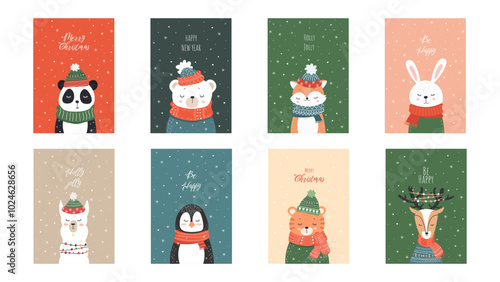 Christmas Cards with Cute Animal Characters. Colourful Illustrations of Sleeping Baby Animals with Greetings for New Year and Christmas. Vector Templates