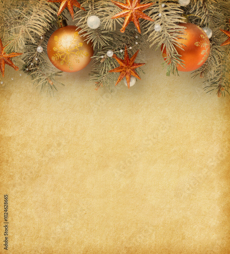 Obraz na płótnie Christmas decorations and fir branches on old yellowing paper background... w salonie