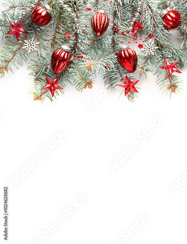Fir branch with Christmas decorations  isolated  on white background. Flat lay.