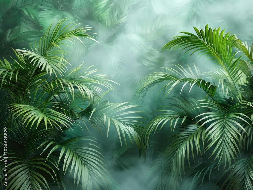 Wall with palm leaves, foggy background, minimalist style, copy space concept. Wall with palm leaves, foggy background, minimalist style, copy space concept.