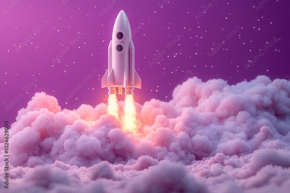 Fototapeta premium whimsical illustration of a laptop and a rocket in a playful purple background merging technology and aspiration symbolizing innovation and the limitless possibilities of creativity