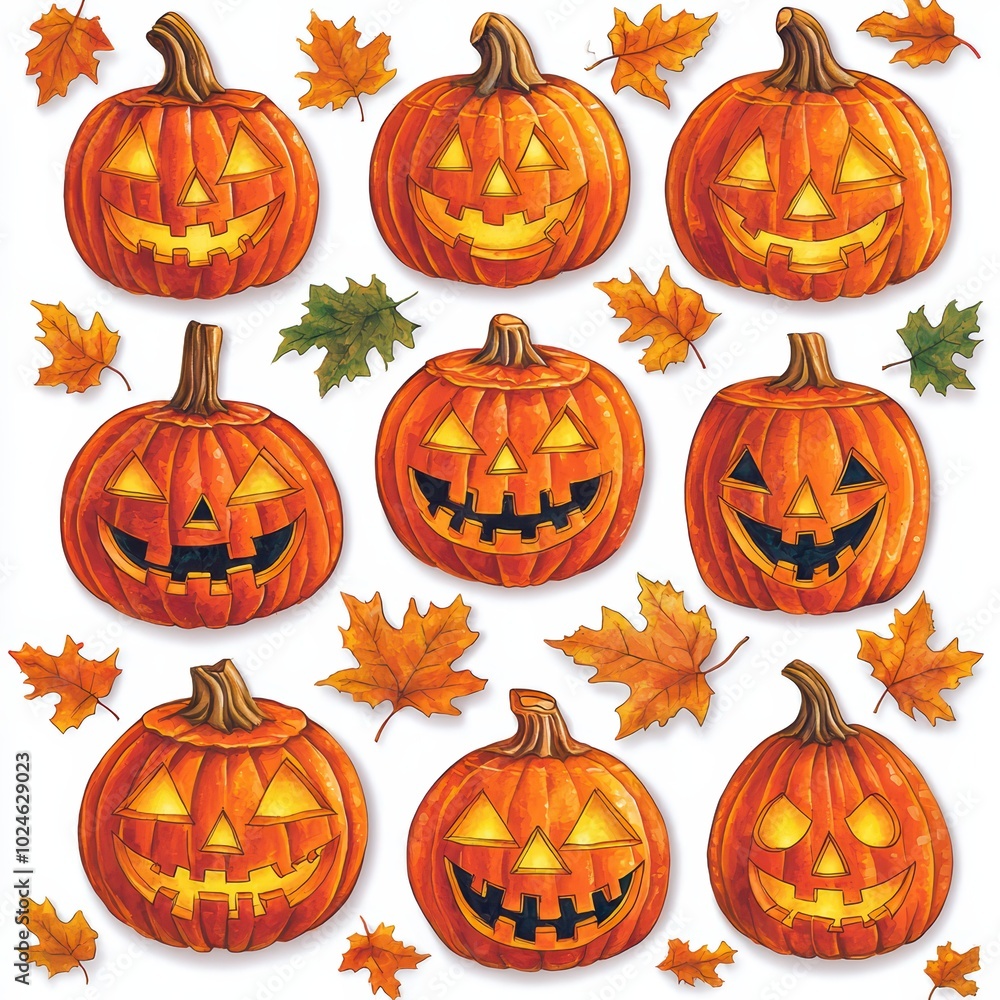 A collection of vibrant jack-o'-lanterns surrounded by autumn leaves, perfect for Halloween decorations. A collection of vibrant jack-o'-lanterns surrounded by autumn leaves, perfect for Halloween decorations.