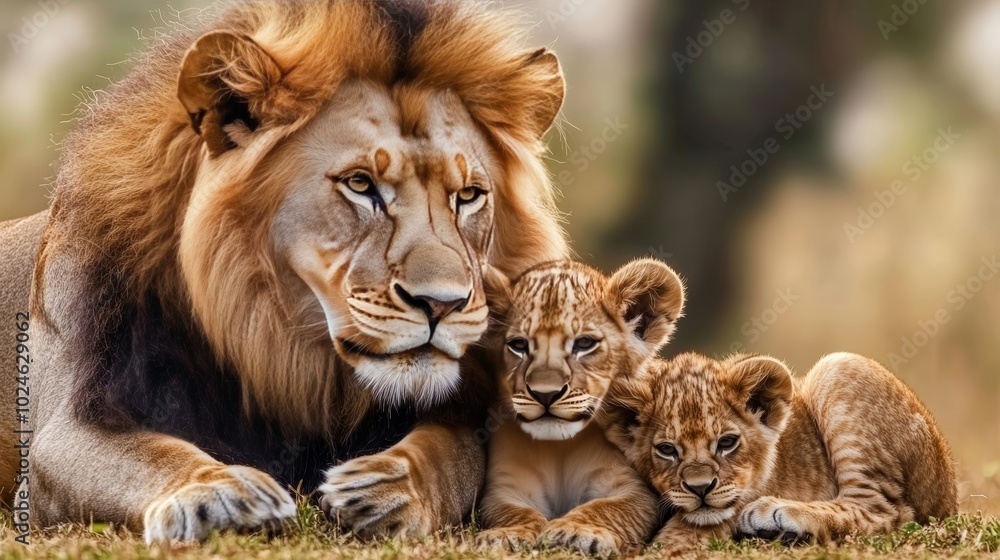 Protective Father Majestic Lion with Flowing Mane Guards Two Adorable Cubs in Golden Light Protective Father Majestic Lion with Flowing Mane Guards Two Adorable Cubs in Golden Light