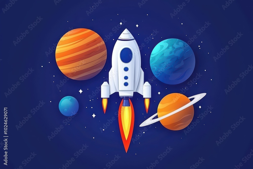 Naklejka premium A colorful rocket blasting off into space with planets in the background, creating a vivid cosmic scene.