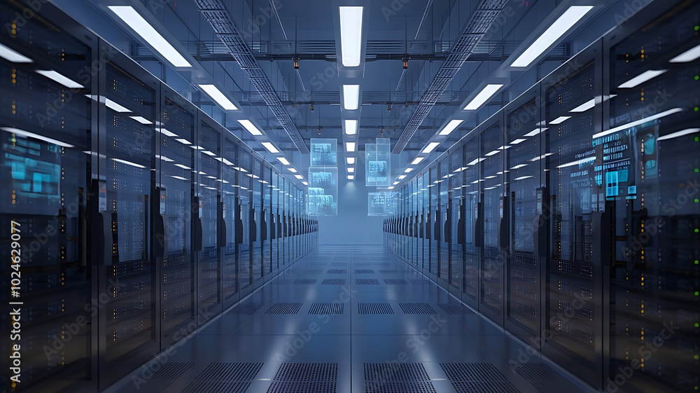 Fototapeta premium high-tech data warehouse, featuring rows of modern servers with blinking lights in a vast, secure facility, data center, big data