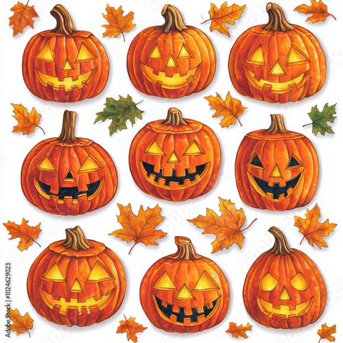 A collection of vibrant jack-o'-lanterns surrounded by autumn leaves, perfect for Halloween decorations.