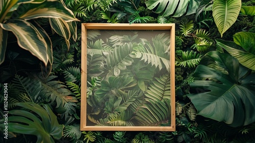 Wooden frame mockup encloses botanical decor with exotic green leaves. Lush tropical plants border template advertising image. Natural organic photoframe mock up product photorealistic