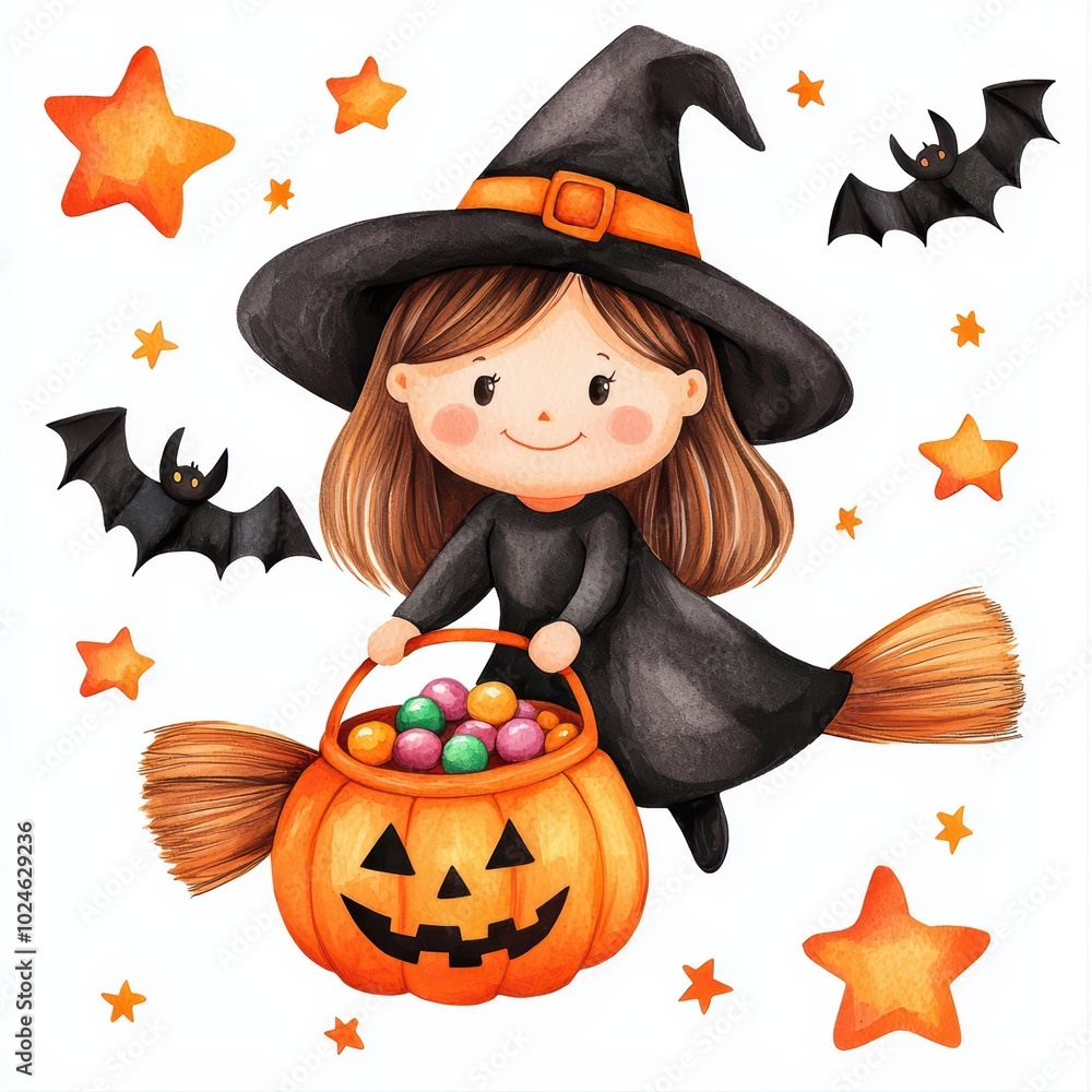 A cute witch with a broom holding a pumpkin full of candies, surrounded by bats and stars, perfect for Halloween decor. A cute witch with a broom holding a pumpkin full of candies, surrounded by bats and stars, perfect for Halloween decor.