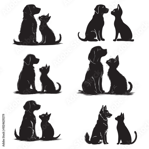 Dog and Cat silhouette. Friendship between pets, love for pets and caring for them