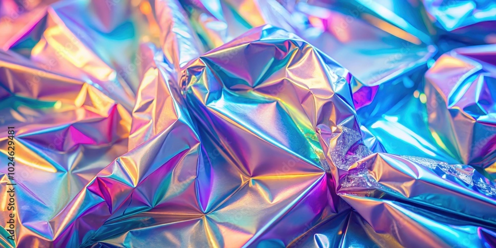 A close-up view of iridescent holographic foil with a textured, wrinkled surface, displaying a dynamic spectrum of blues, purples, and yellows. A close-up view of iridescent holographic foil with a textured, wrinkled surface, displaying a dynamic spectrum of blues, purples, and yellows.
