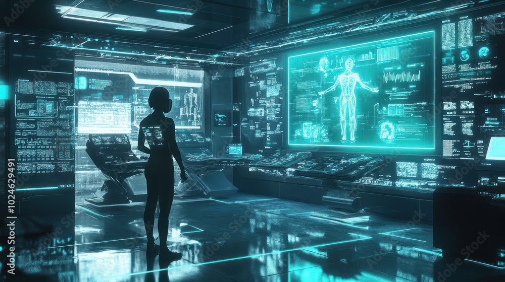 A futuristic lab with holographic displays and a silhouette observing advanced technology. A futuristic lab with holographic displays and a silhouette observing advanced technology.