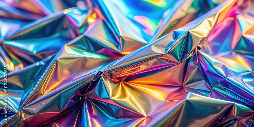 Abstract iridescent holographic foil surface with folds and creases reflecting vibrant colors Abstract iridescent holographic foil surface with folds and creases reflecting vibrant colors