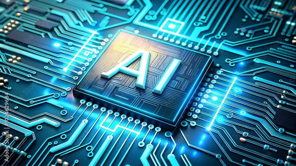 Glowing AI chip and thin circuits on tech background futuristic semiconductor tech onboard Glowing AI chip and thin circuits on tech background futuristic semiconductor tech onboard