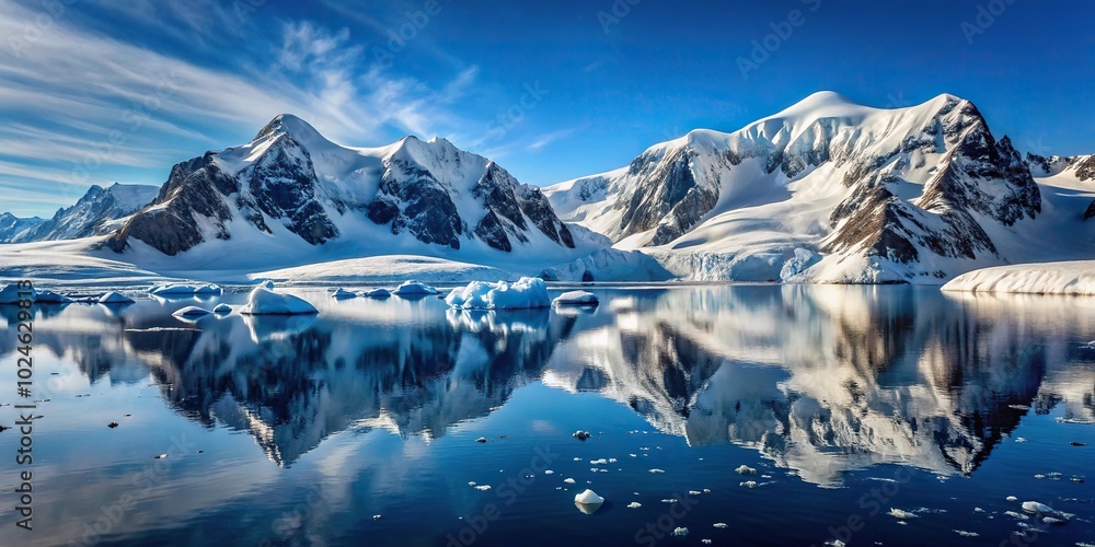 Snow covered mountains and icebergs reflected in the Antarctic Peninsula on Antarctica Snow covered mountains and icebergs reflected in the Antarctic Peninsula on Antarctica