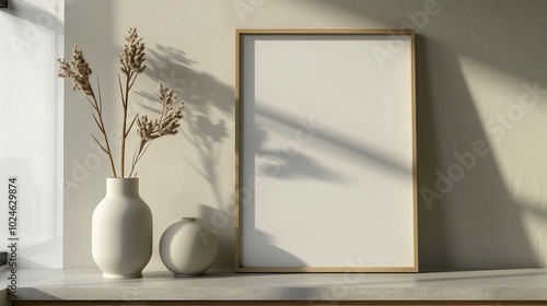 Neutral frame mockup paired with simple ceramic vase dried foliage. Japandi style photoframe template advertising image. Soft sunlight border pictureframe mock up product photorealistic
