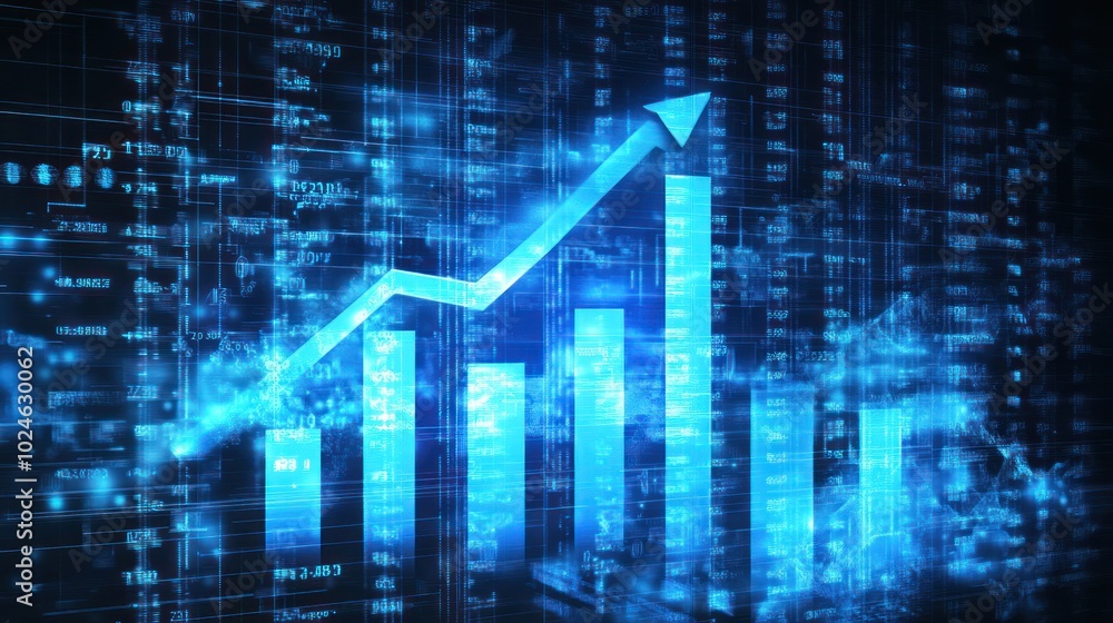 A digital representation of a rising financial graph with blue tones and data elements. A digital representation of a rising financial graph with blue tones and data elements.