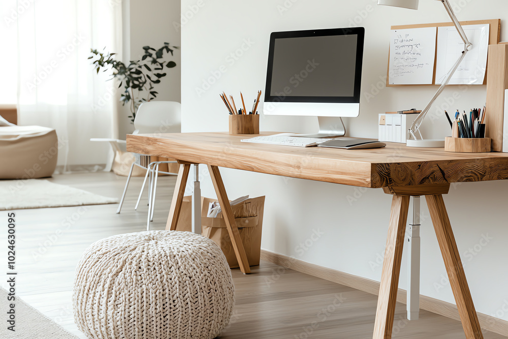 Cozy home office workspace with modern desk, computer, and decorative touches. Cozy home office workspace with modern desk, computer, and decorative touches.