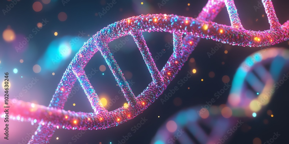 Zoomed-in view of a DNA double helix, rendered in a photorealistic 3D model, with vibrant colors and precise lighting Zoomed-in view of a DNA double helix, rendered in a photorealistic 3D model, with vibrant colors and precise lighting