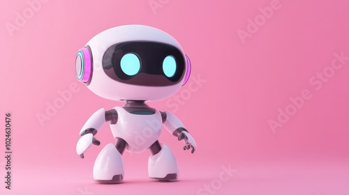 A cute, futuristic robot with glowing eyes against a pink background.