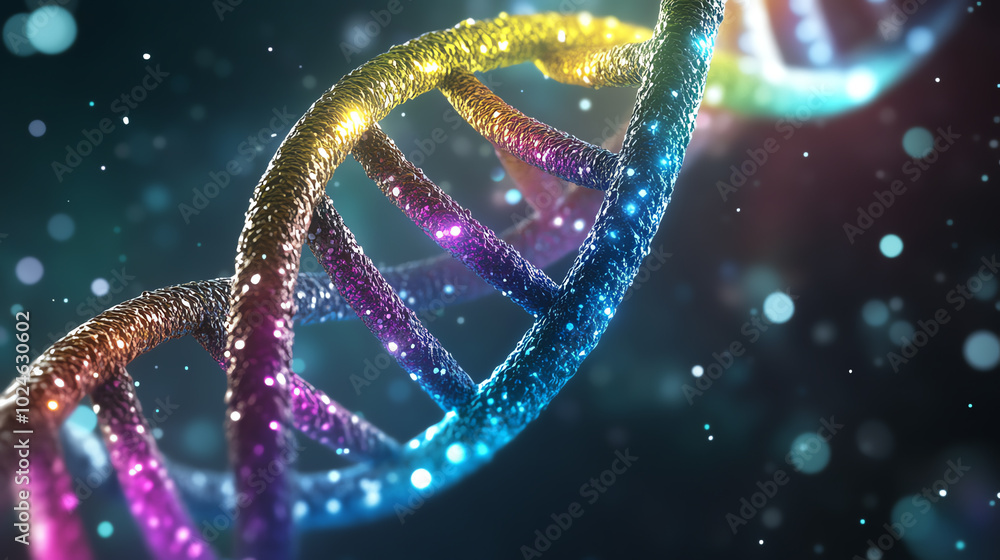 A vibrant and colorful representation of a DNA double helix, showcasing intricate details and sparkling effects against a soft focus background. A vibrant and colorful representation of a DNA double helix, showcasing intricate details and sparkling effects against a soft focus background.