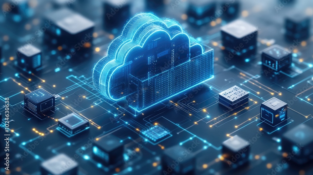 Digital Cloud Icon on Circuit Board Representing Data Storage and Network Digital Cloud Icon on Circuit Board Representing Data Storage and Network