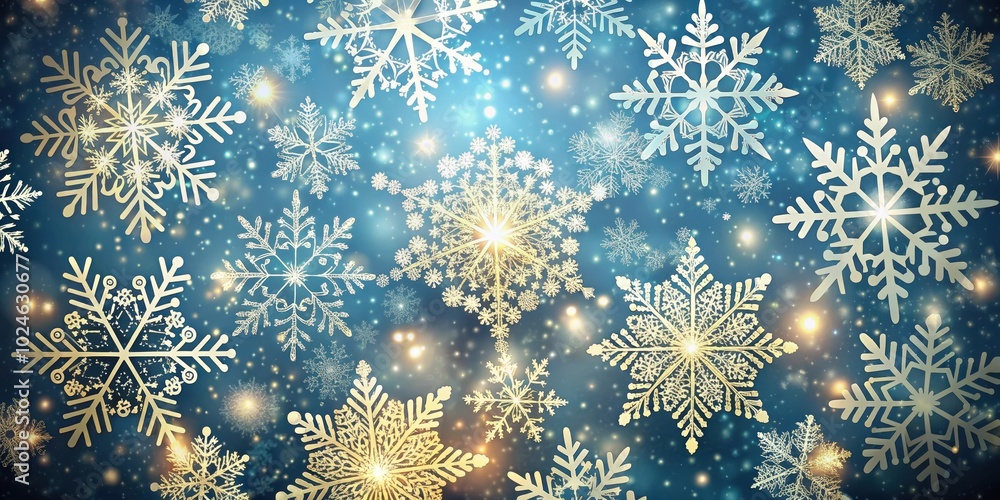 A sparkling blue background with a flurry of intricate snowflakes, some shining gold, others glimmering with frosty white, creates a mesmerizing winter wonderland scene. A sparkling blue background with a flurry of intricate snowflakes, some shining gold, others glimmering with frosty white, creates a mesmerizing winter wonderland scene.