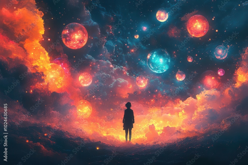 Fototapeta premium whimsical illustration of tiny people sharing colorful thought bubbles soft pastel palette dreamy atmosphere characters float amidst swirling ideas emphasizing community and creativity