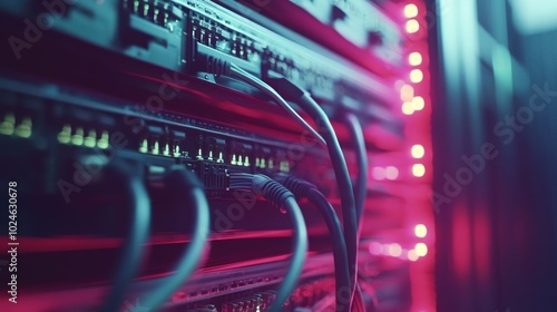 Close-up of server hardware with cables and illuminated lights, indicating a data center environment.