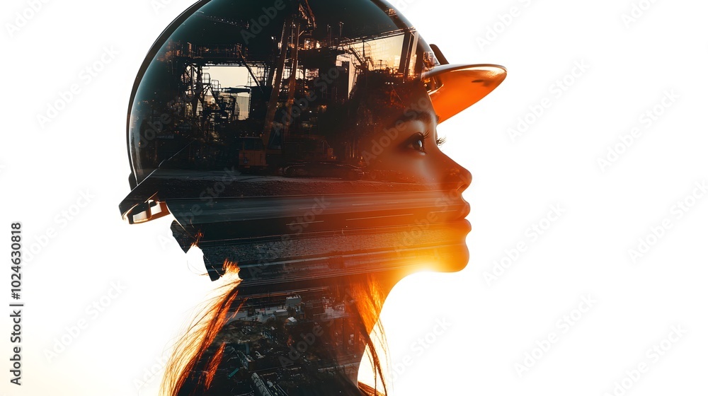 Double exposure of a woman in a helmet and mining equipment, symbolizing the industrial era on a white background with copy space for text Double exposure of a woman in a helmet and mining equipment, symbolizing the industrial era on a white background with copy space for text