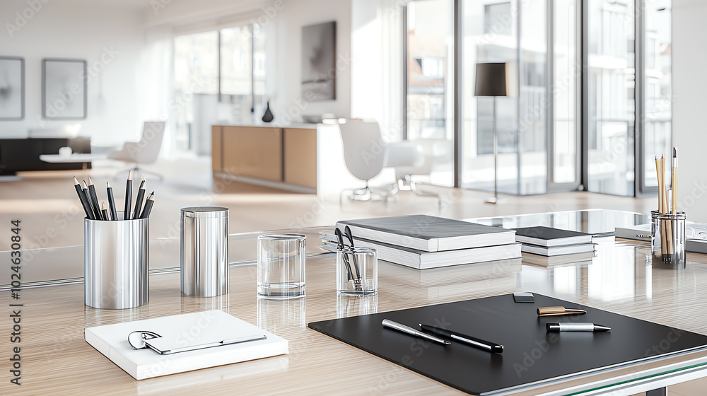 Modern office workspace with stationery and a bright, minimalistic design. Modern office workspace with stationery and a bright, minimalistic design.