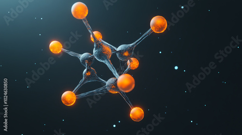 3D representation of a molecular structure with orange spheres and connecting lines, set against a dark background, illustrating scientific concepts and research in chemistry.