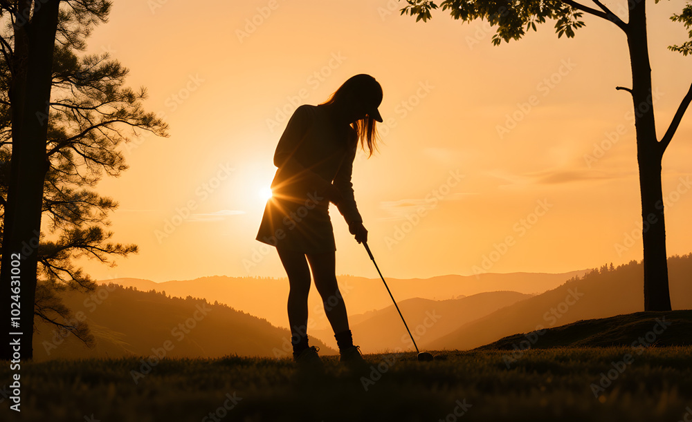 Silhouette of a woman playing golf at sunrise on a golf course
Silhouette of a woman playing golf at sunrise on a golf course