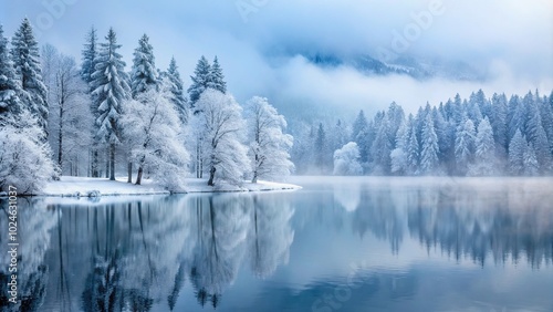 Snow covered trees in fog with lake in front at eye level