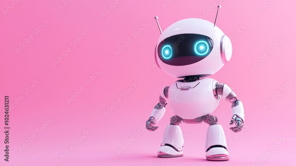 A cute robot with glowing eyes stands against a pink background. A cute robot with glowing eyes stands against a pink background.