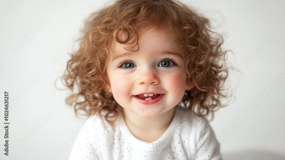 A cheerful toddler with curly hair and a bright smile, posing against a simple background. A cheerful toddler with curly hair and a bright smile, posing against a simple background.