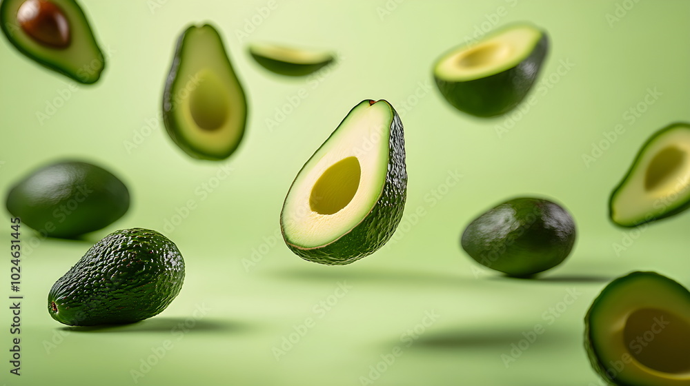 Fresh uncut avocado pieces floating in the air, scattered on a green background. Bright, vibrant and healthy food image. Perfect for food blogs, recipes and nutrition articles. Minimalist style.
Fresh uncut avocado pieces floating in the air, scattered on a green background. Bright, vibrant and healthy food image. Perfect for food blogs, recipes and nutrition articles. Minimalist style.