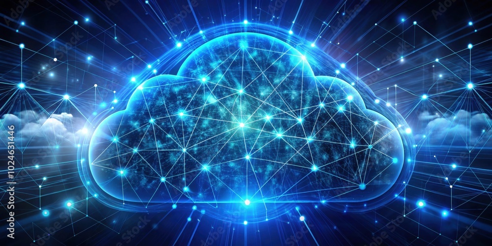 A glowing blue cloud with a complex network of lines and nodes, symbolizing interconnectedness and digital infrastructure A glowing blue cloud with a complex network of lines and nodes, symbolizing interconnectedness and digital infrastructure