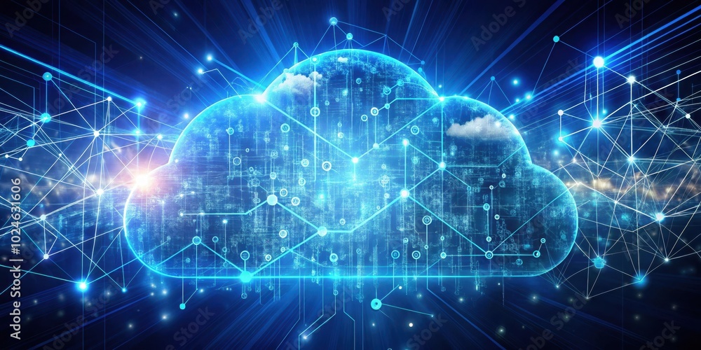 A digital cloud composed of glowing lines and dots, representing interconnected data and network flow in the digital realm. A digital cloud composed of glowing lines and dots, representing interconnected data and network flow in the digital realm.