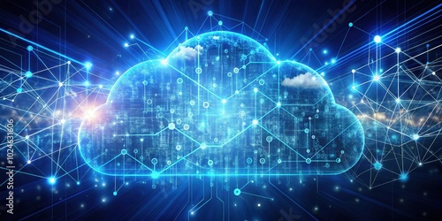 A digital cloud composed of glowing lines and dots, representing interconnected data and network flow in the digital realm.